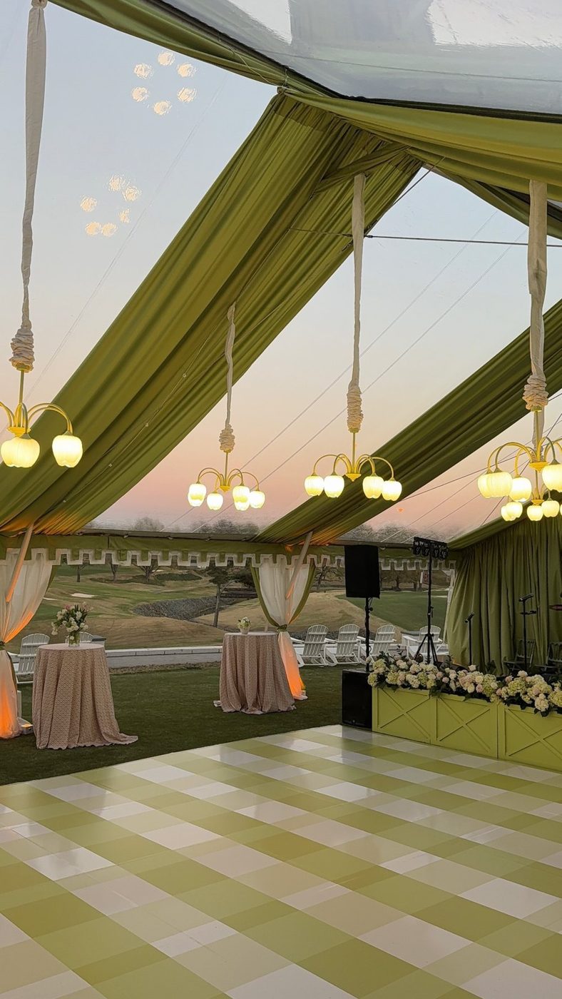 Green and white gingham dance floor wrap under a clear-top tent with chandeliers at sunset at Myers Park Country Club, Charlotte